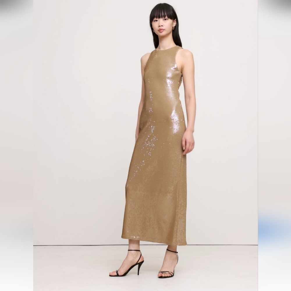 Banana Republic Beige Sequin Dress Stretch Maxi Dress Sz M Column Sexy Cocktail - Picture 2 of 12